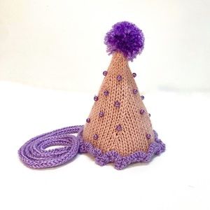 NWT Hand Knit Pink and Purple Party Hat with Faux Pearls One Size Fits Most
